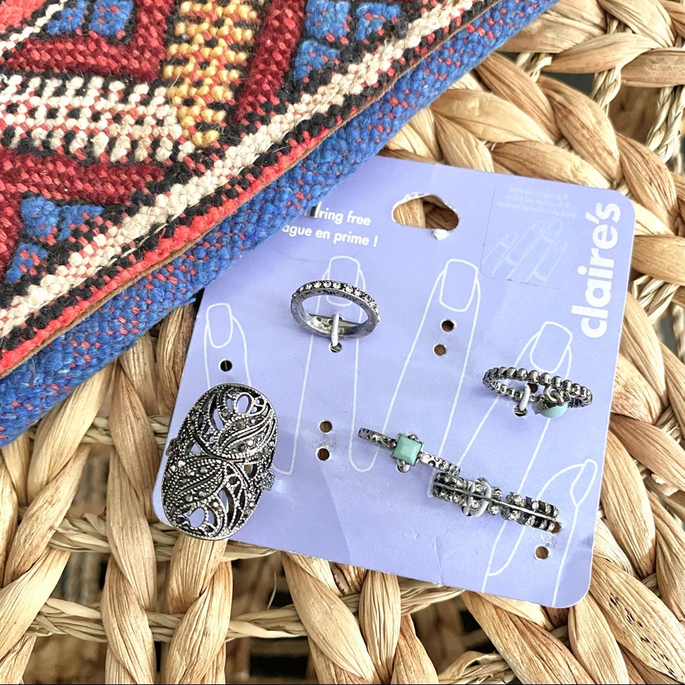 5 Assorted Gunmetal Silver Turquoise Rhinestone Boho Hippie Fashion Rings